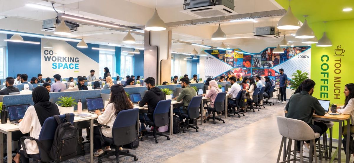 Our team working together in a bright co-working space