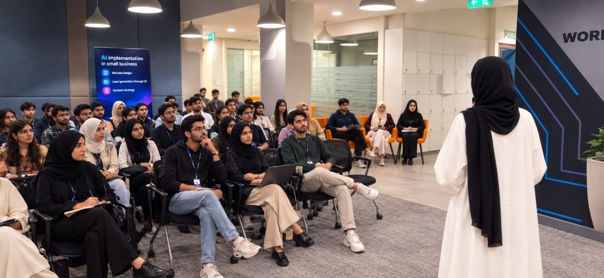 UXNest Studio hosting an AI implementation session for small businesses with a full audience